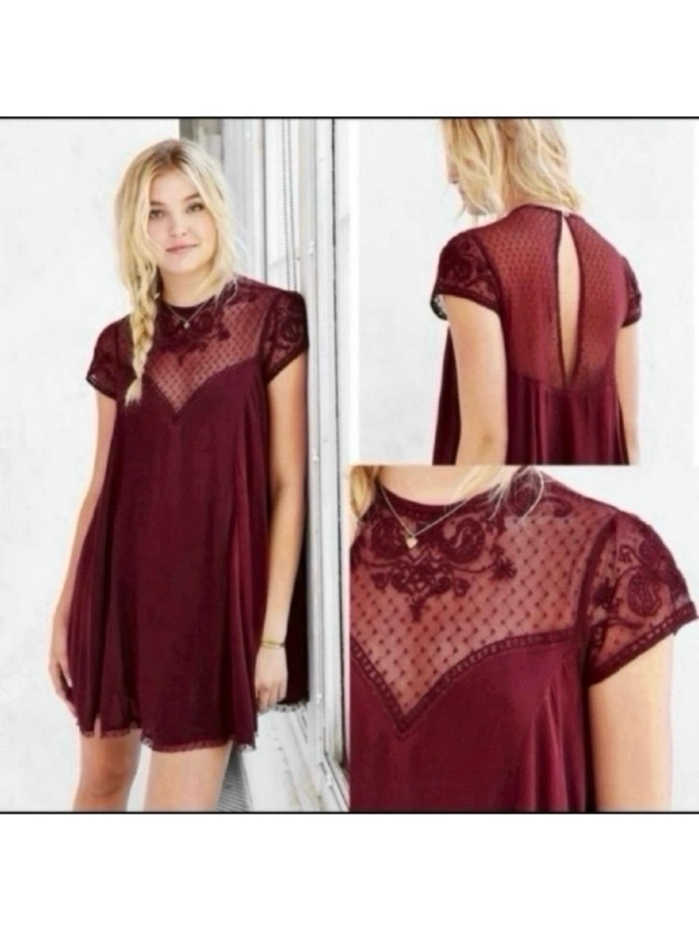 Urban outfitters lace polka dot burgundy maroon boho flowy mini dress casual